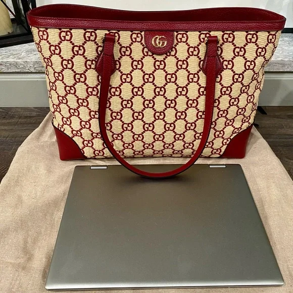⭐️SOLD ⭐️New Red Gucci GG Raffia Medium Ophidia Tote - Picture 11 of 11